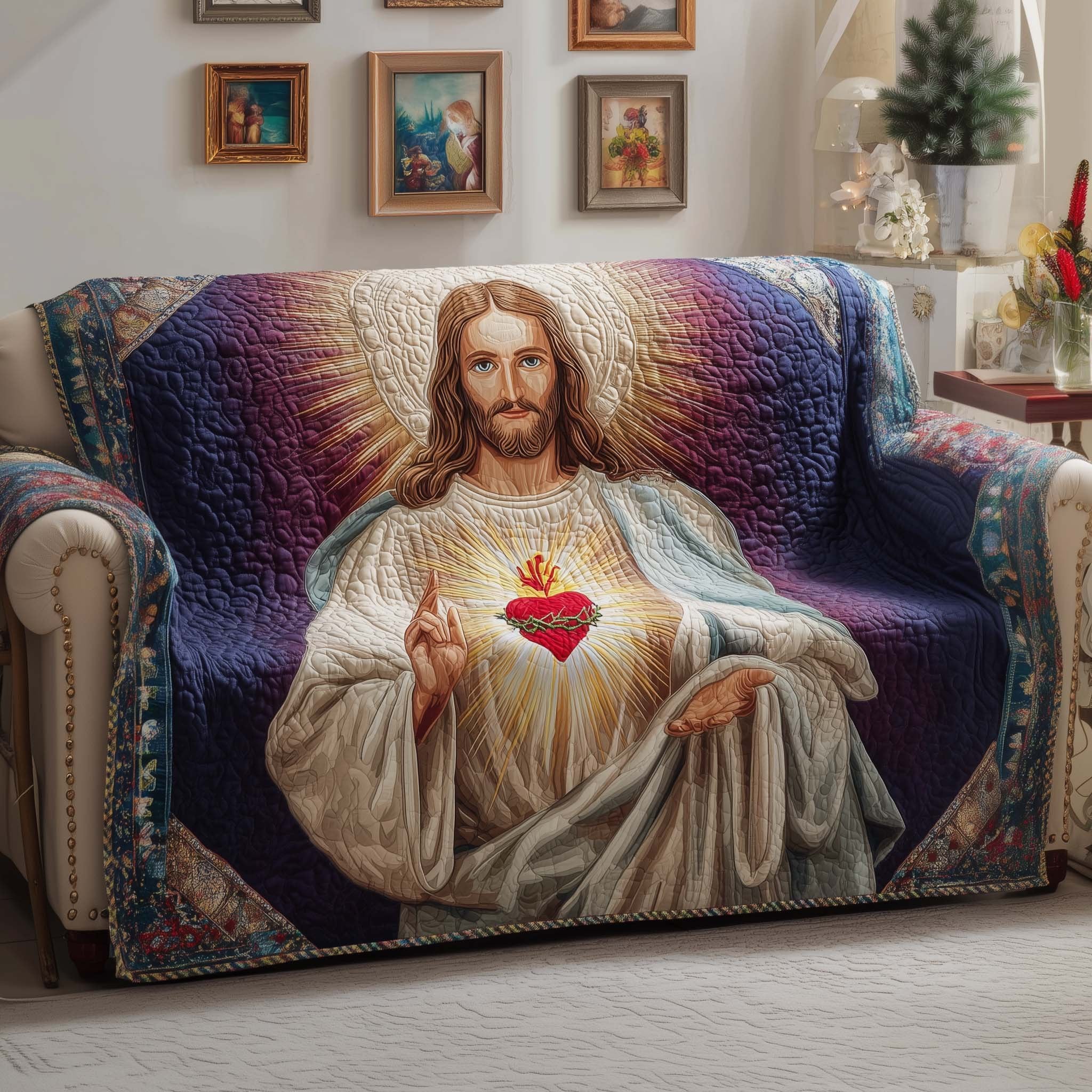 Sacred Heart of Jesus on Blue Sofa Cover