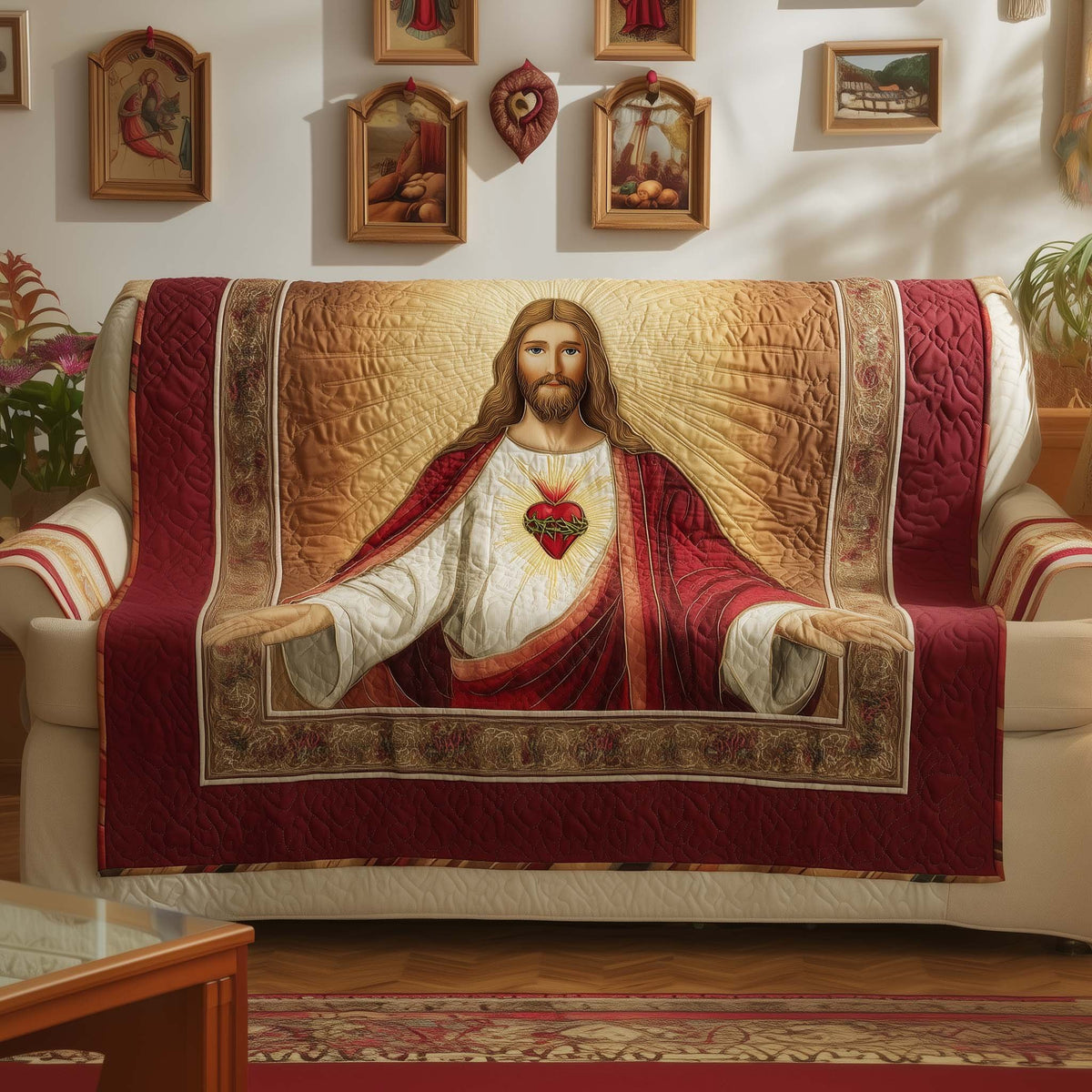 Sacred Heart of Jesus on Red Sofa Cover