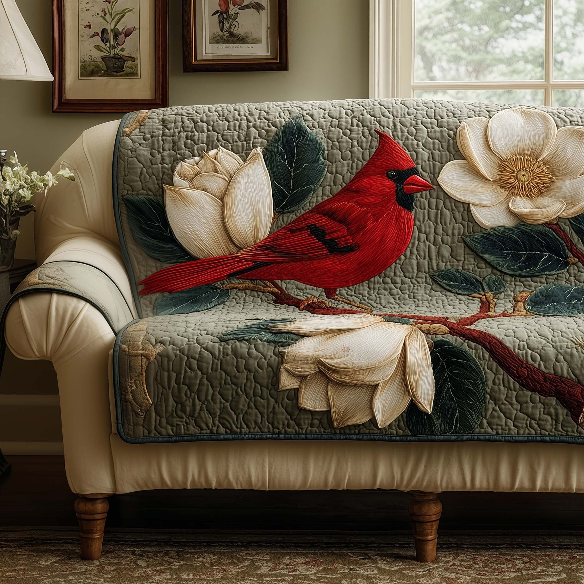 Cardinal with Magnolia on Green Sofa Cover