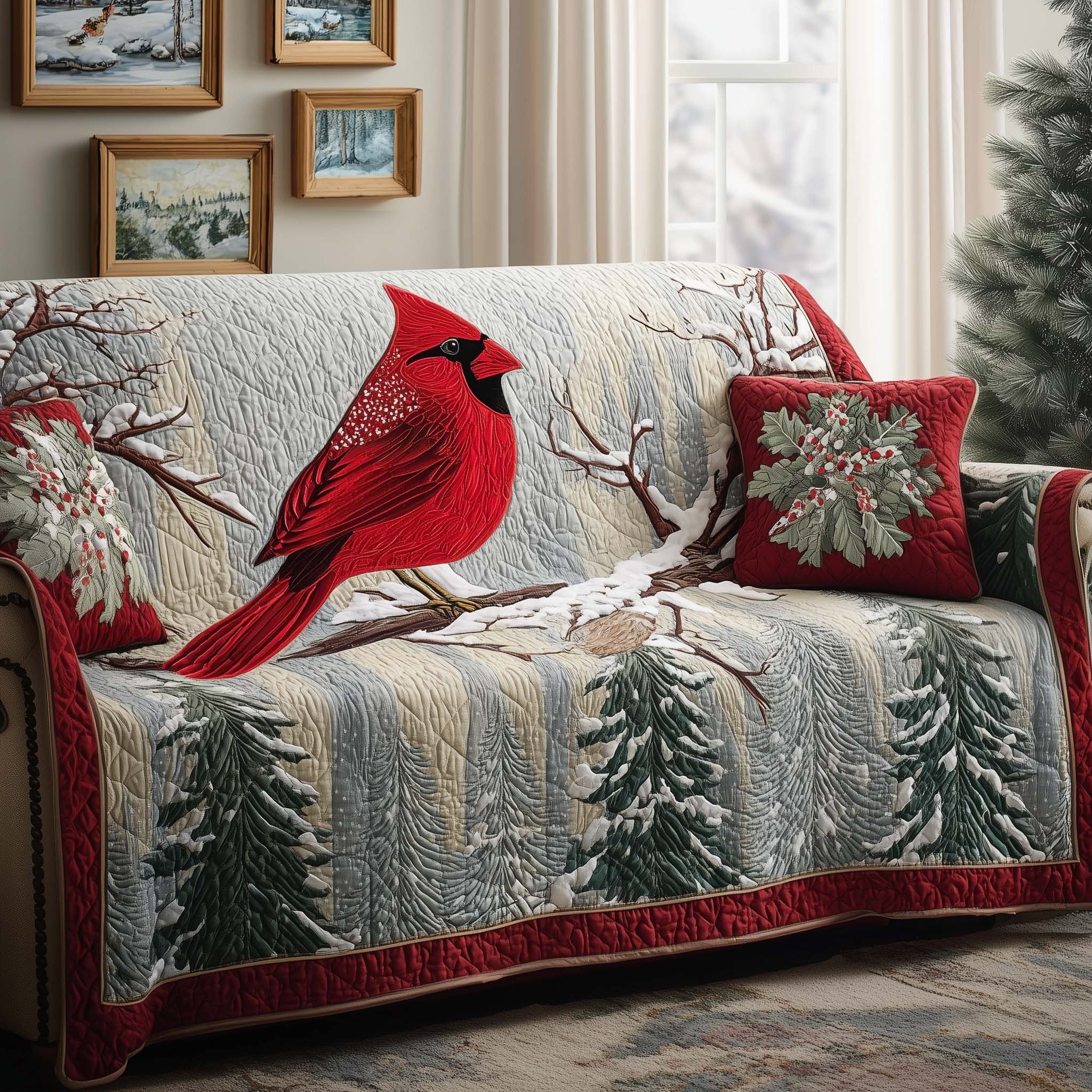 Cardinal on a Snowy Pine Branch Sofa Cover