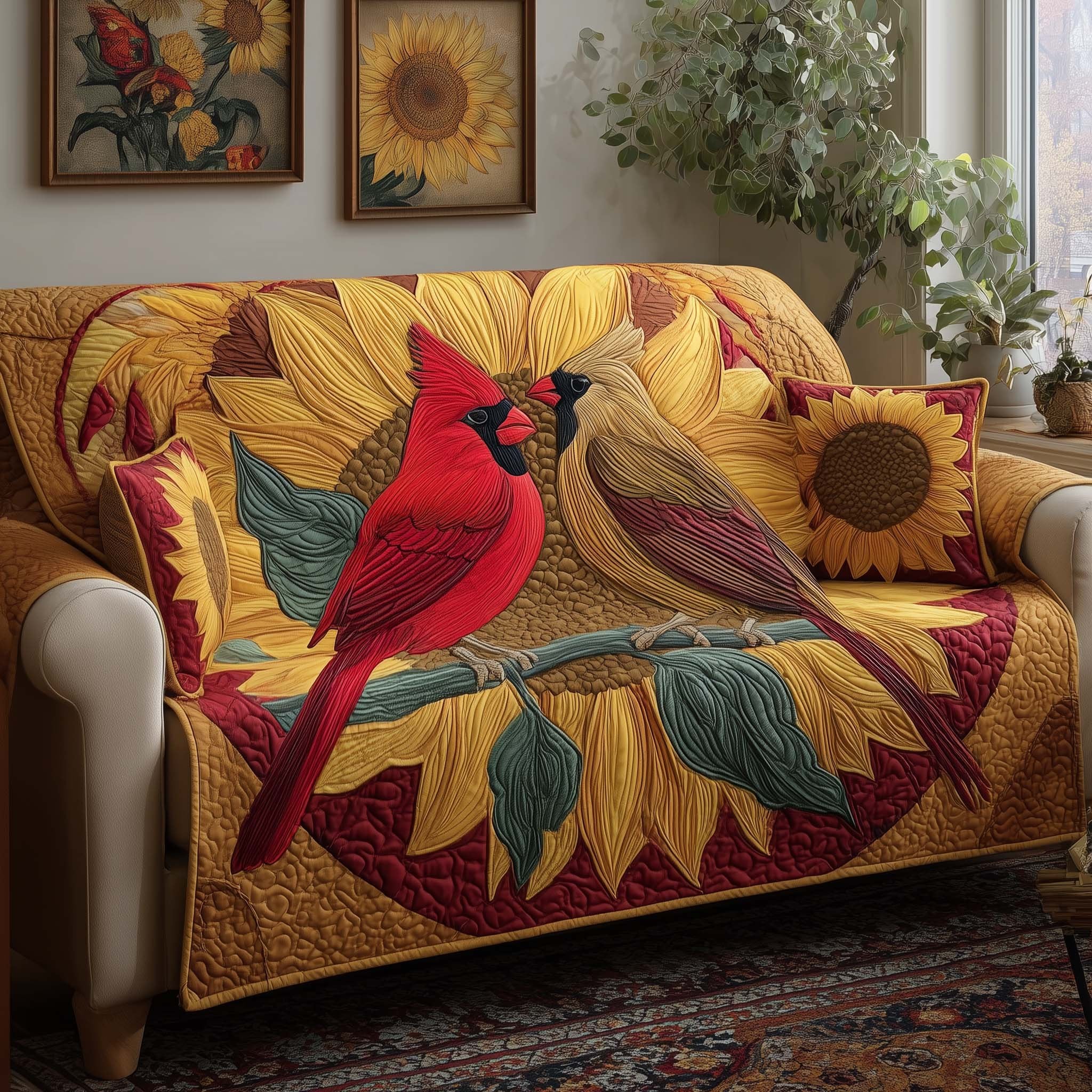 Cardinal Among Golden Sunflowers Sofa Cover