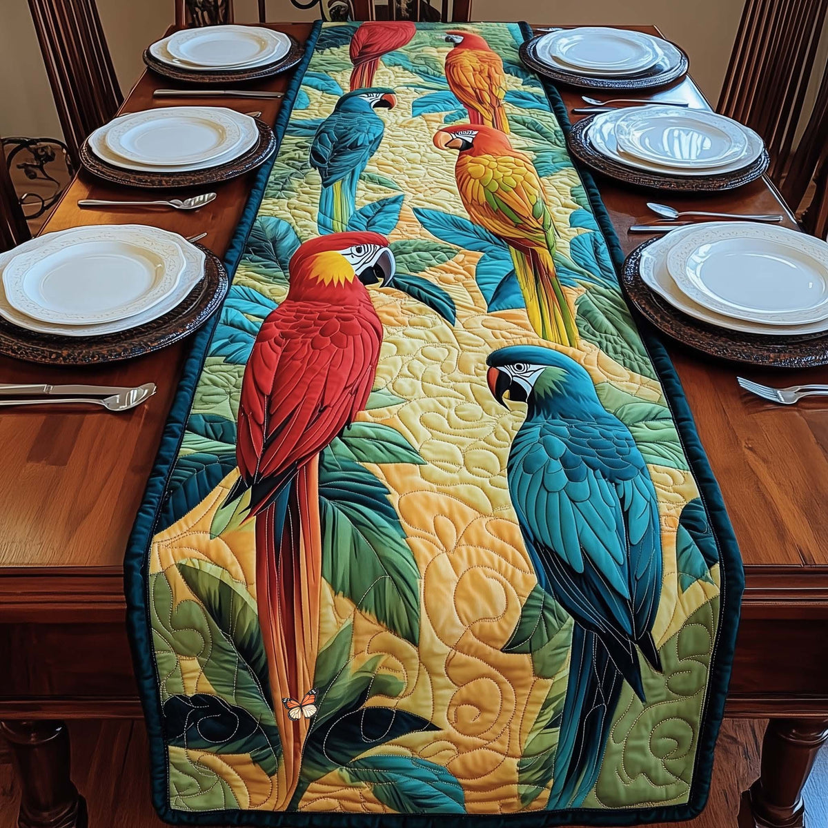 Red and Blue Macaws on Gold Table Runner