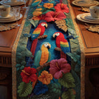 Parrots with Hibiscus on Green Table Runner