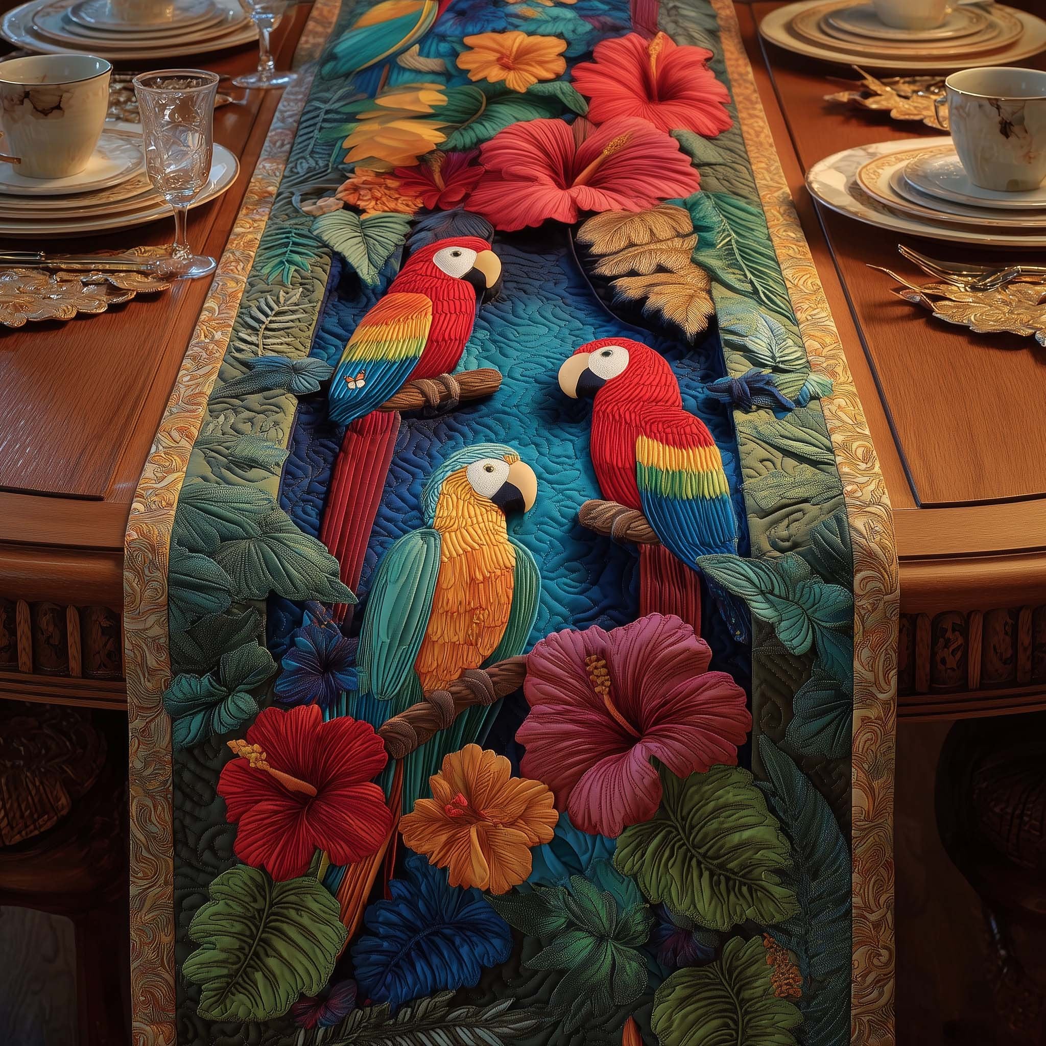 Parrots with Hibiscus on Green Table Runner