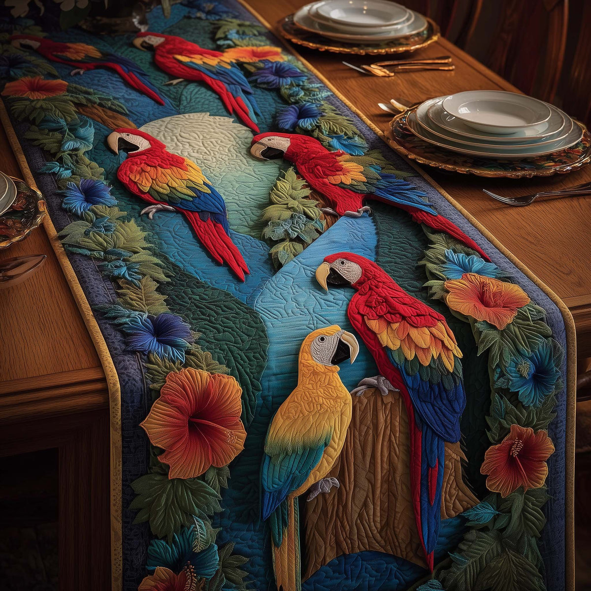 Two Macaws with Orange Hibiscus Table Runner