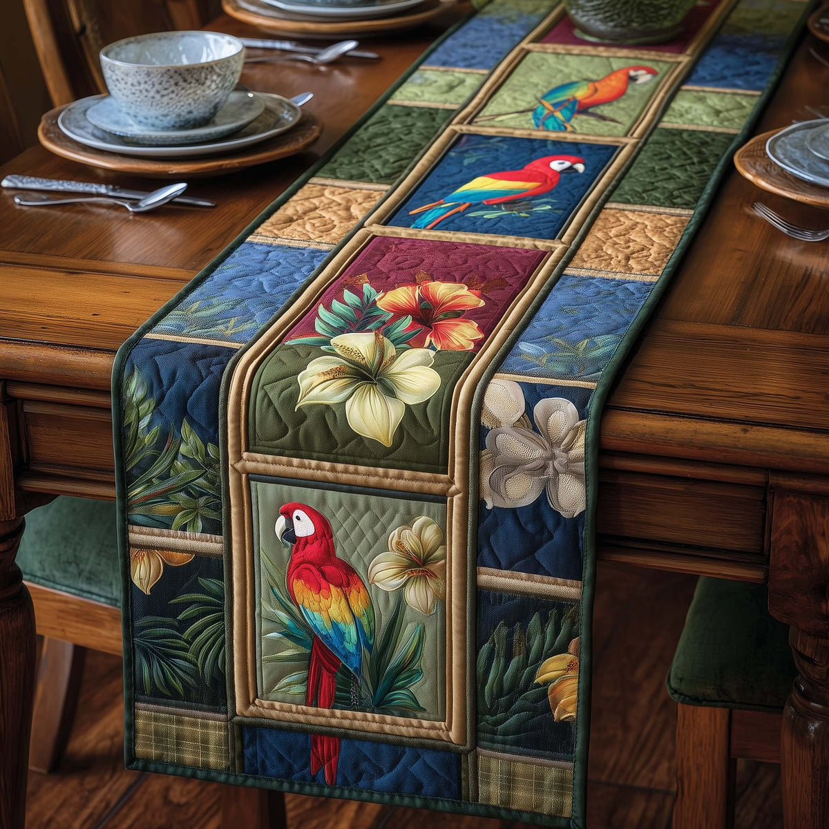 Parrot Panels with Tropical Flowers Table Runner
