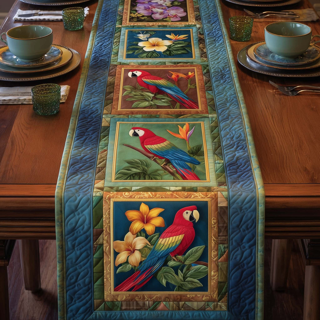Macaw Squares with Gold Blooms Table Runner