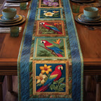 Macaw Squares with Gold Blooms Table Runner