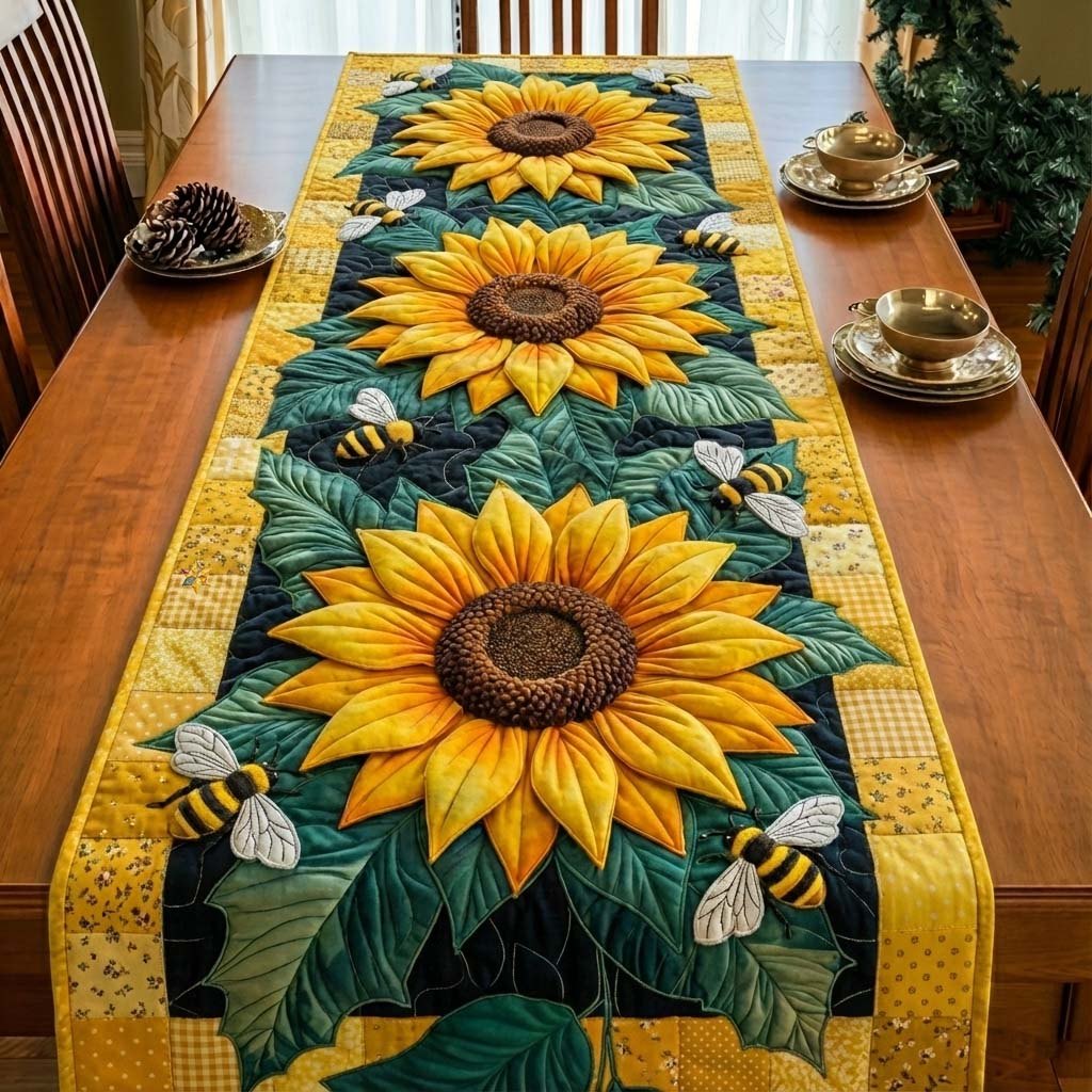 Sunflowers with Bees on Teal Table Runner