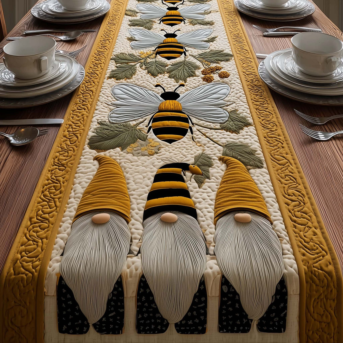 Bee Gnomes on Yellow Panel Table Runner