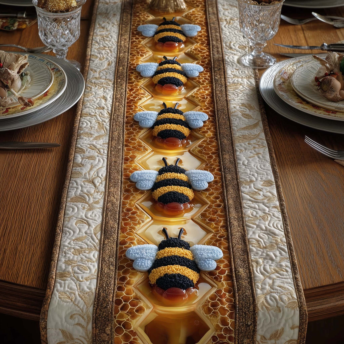 Bees on Cream and Honey Stripes Table Runner