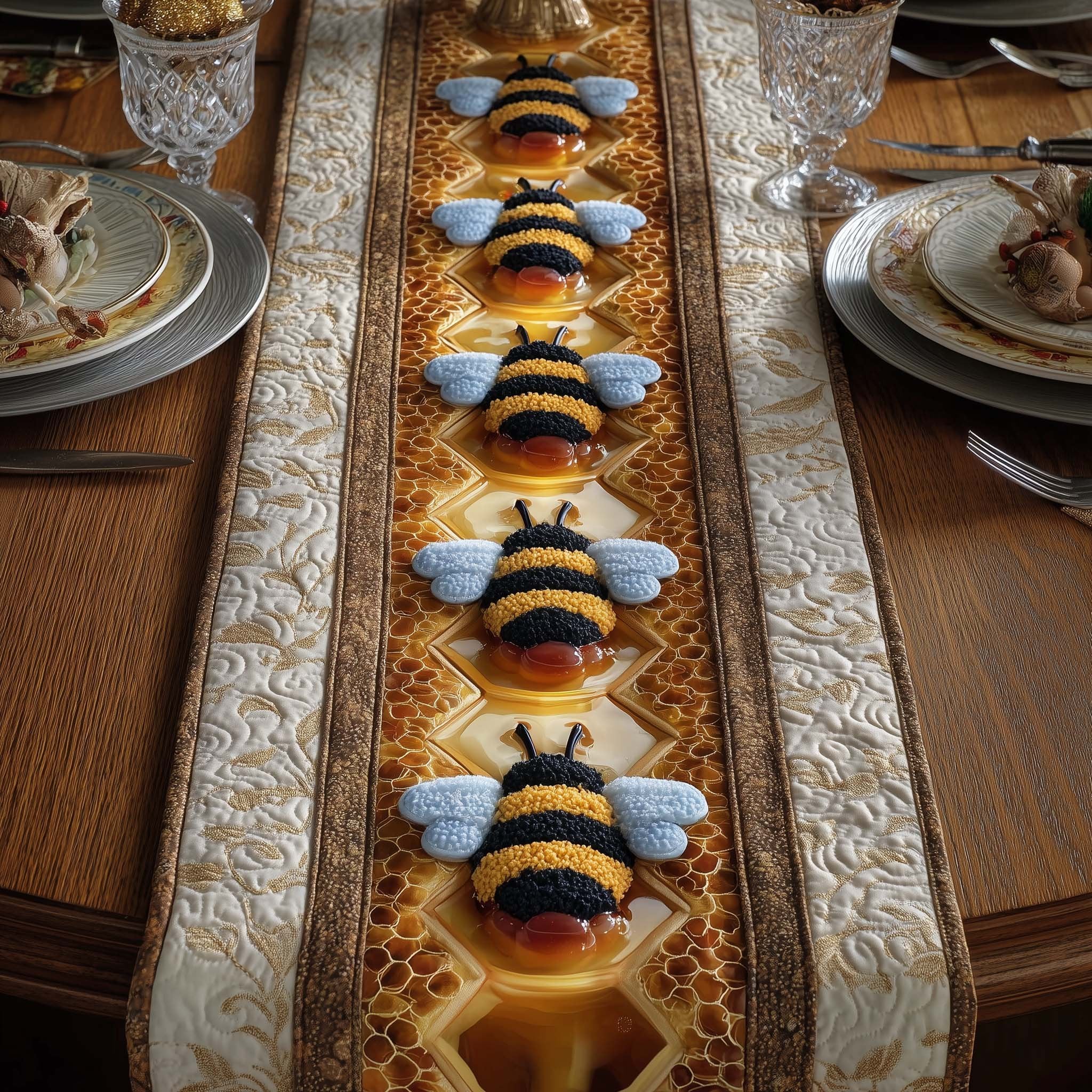 Bees on Cream and Honey Stripes Table Runner