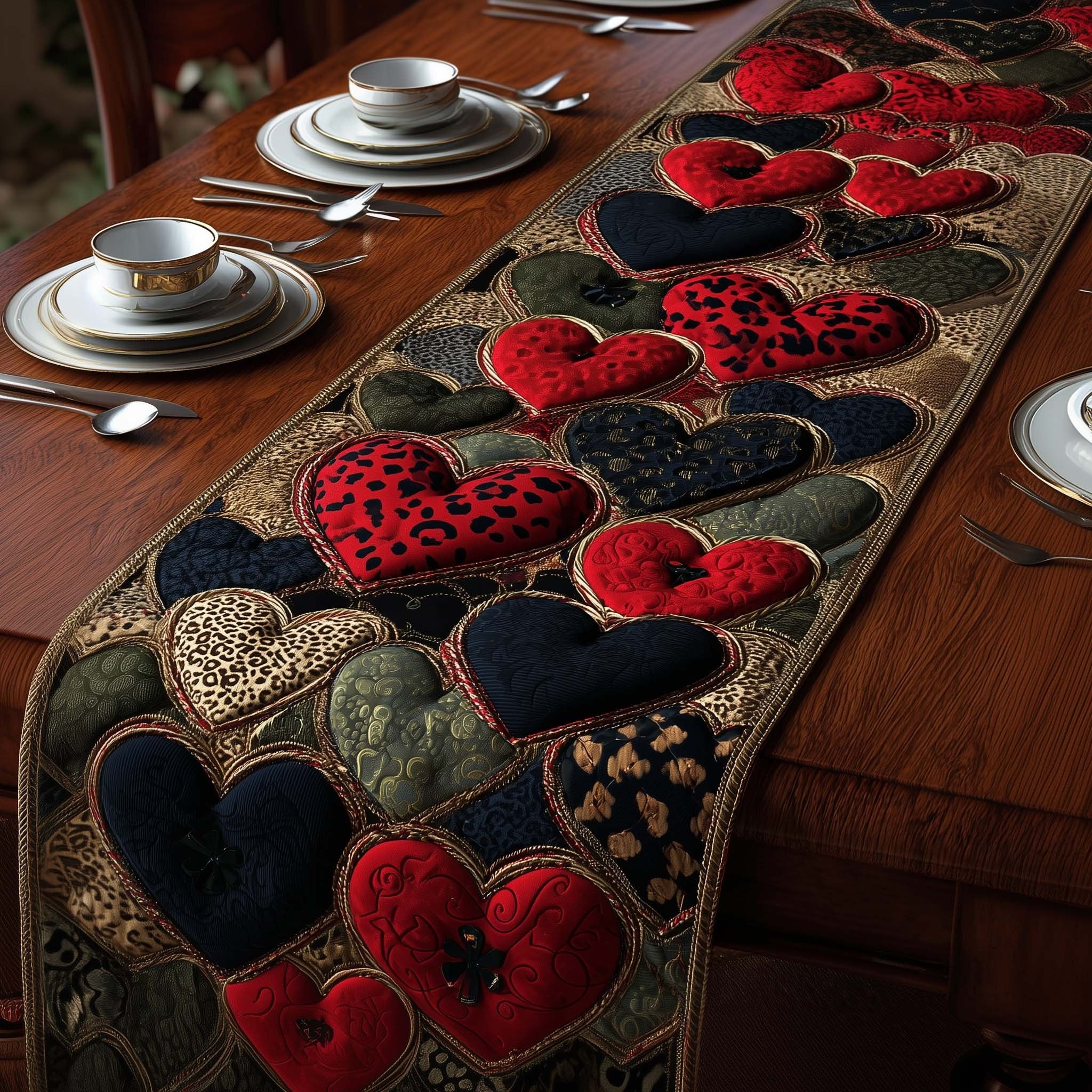 Hearts in Leopard and Green Prints Table Runner