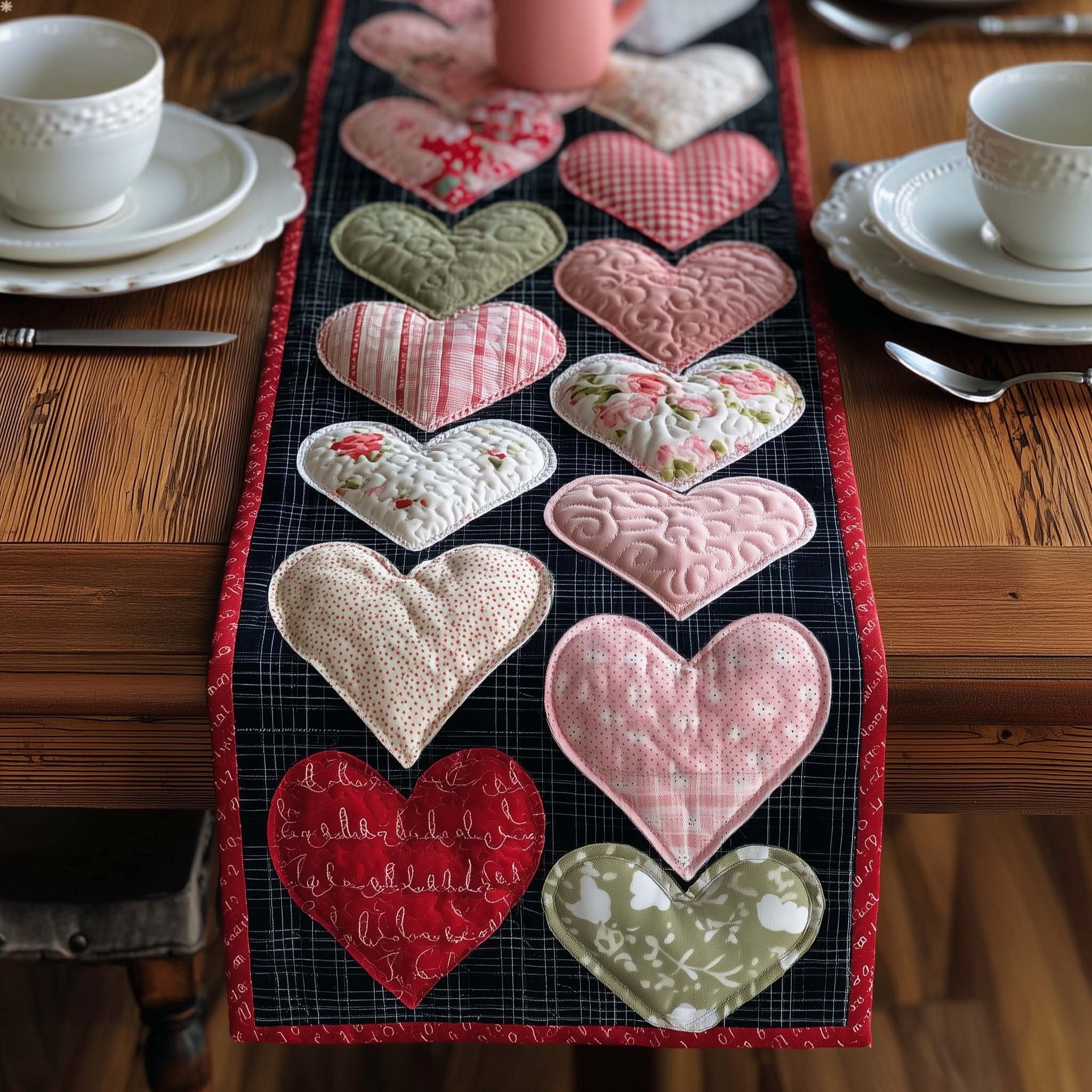 Pink and Green Hearts on Plaid Table Runner