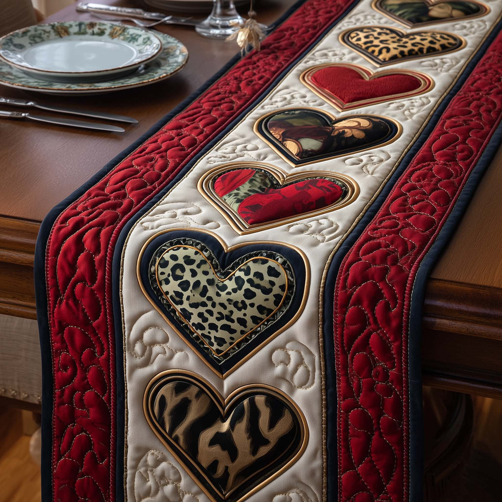 Leopard Print Hearts on Red Table Runner