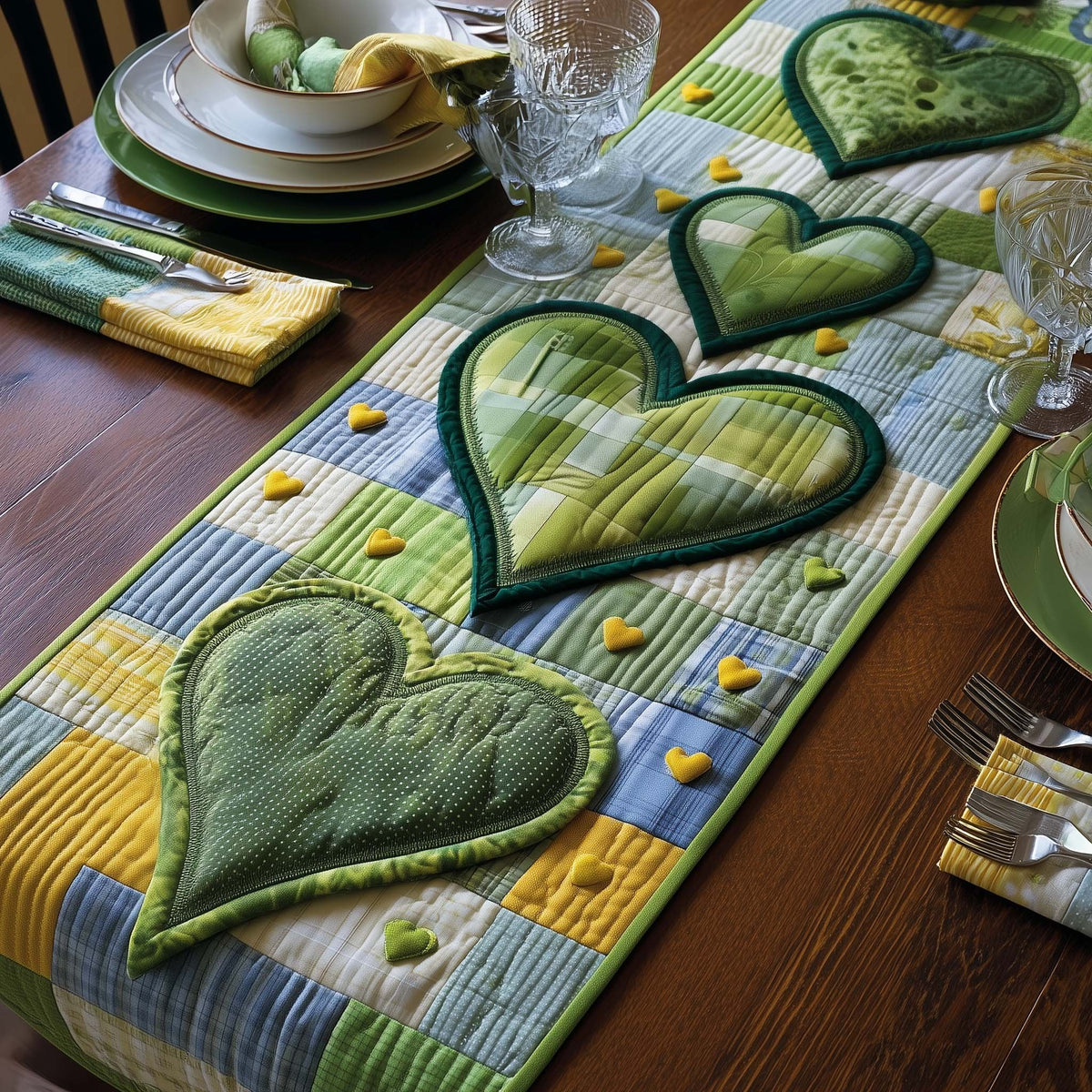 Green Hearts on Pale Blue Table Runner
