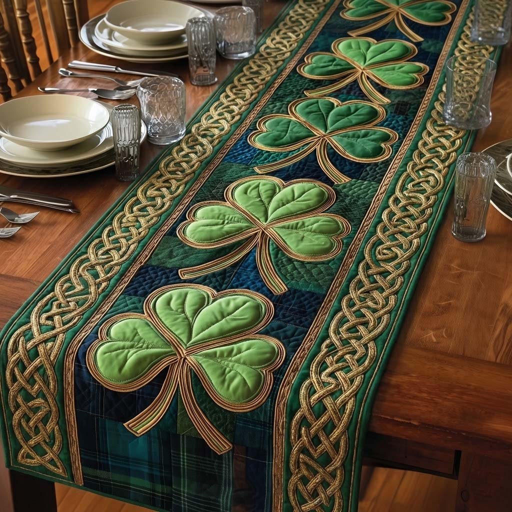 Emerald Blessing Shamrocks with Celtic Knot Border Table Runner