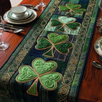 Gold Outlined Shamrocks on Green Table Runner