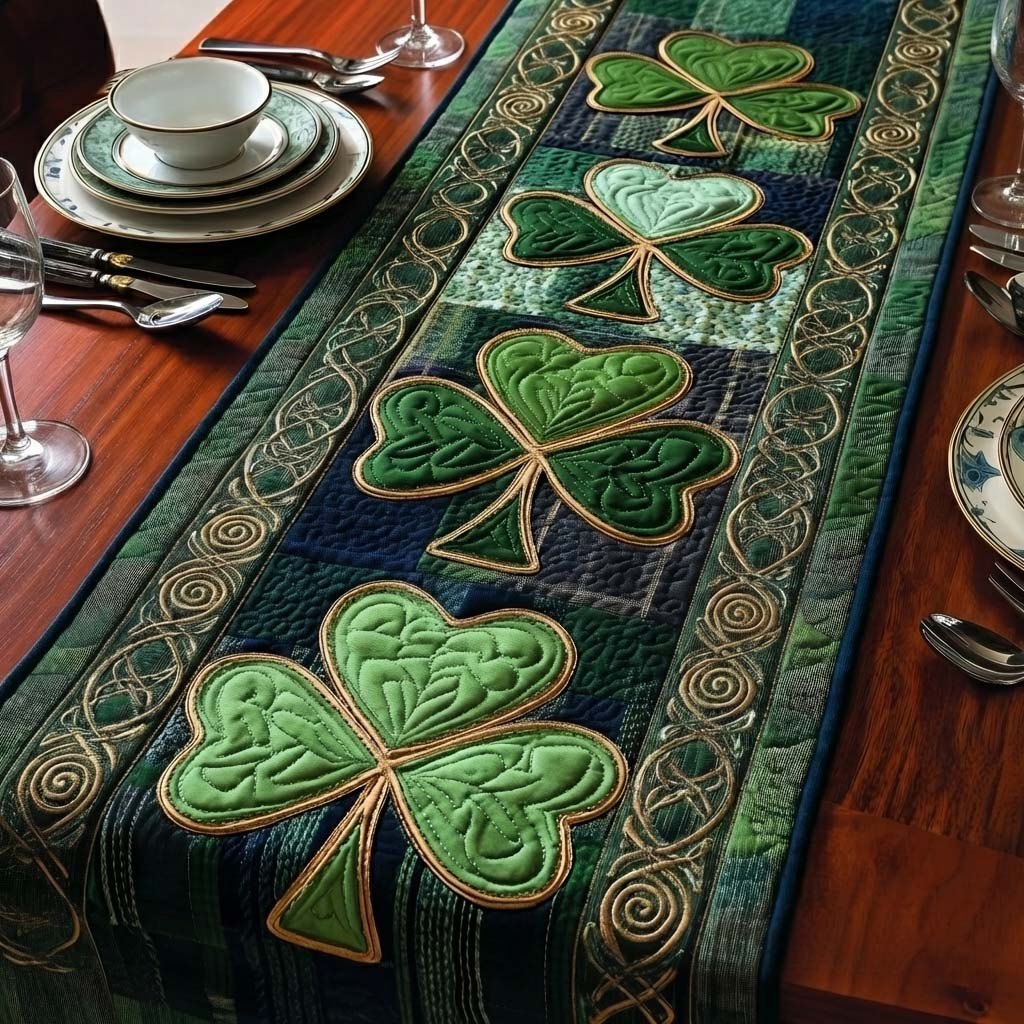 Gold Outlined Shamrocks on Green Table Runner