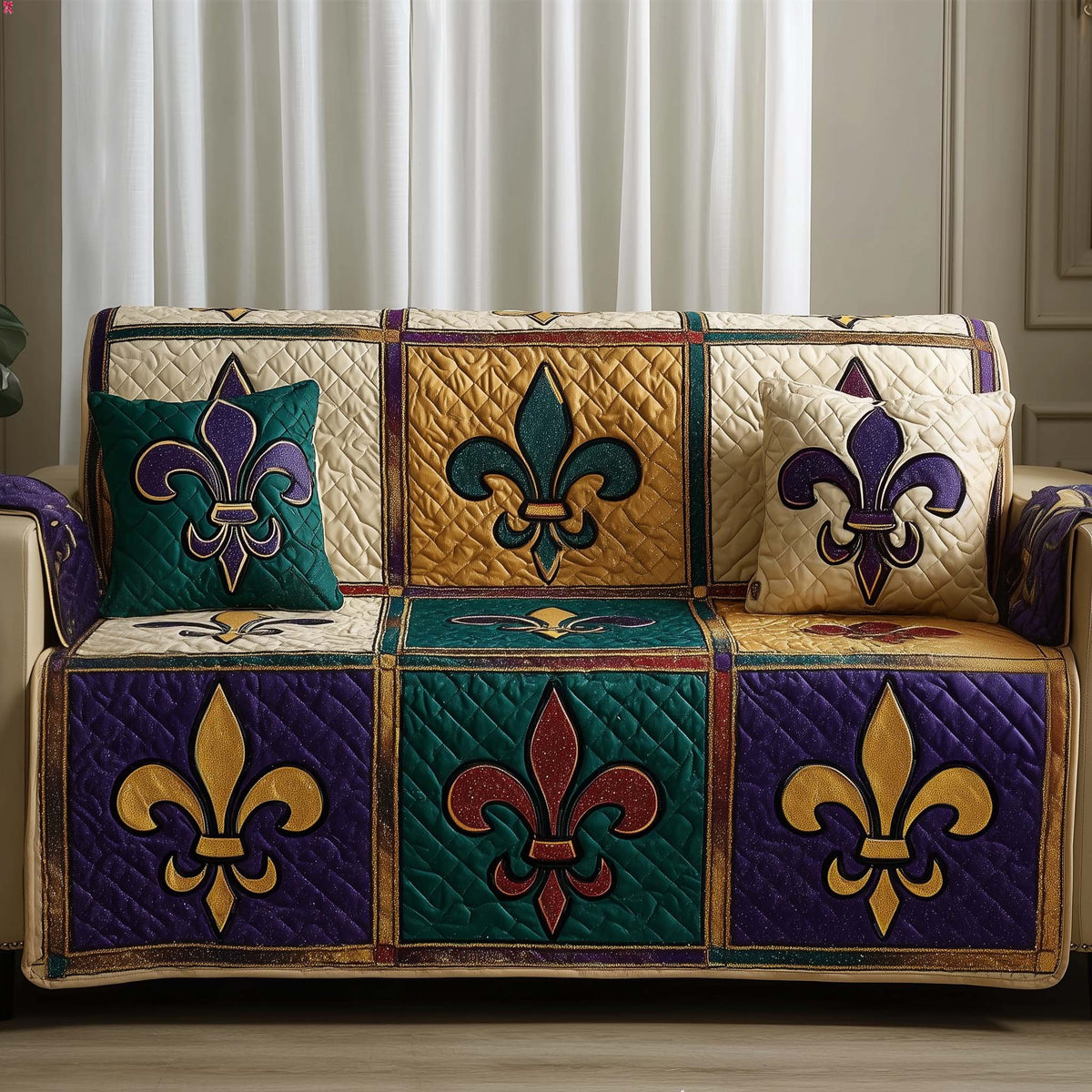 Fleur de Lis Blocks in Teal and Gold Sofa Cover