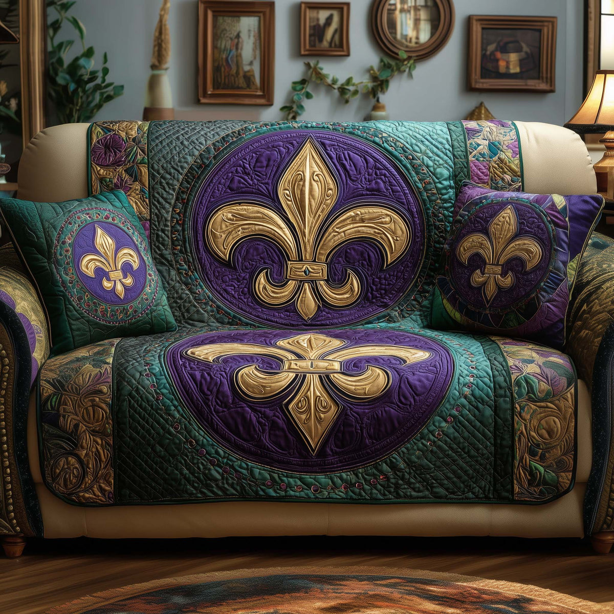 Golden Fleur de Lis on Teal and Purple Sofa Cover