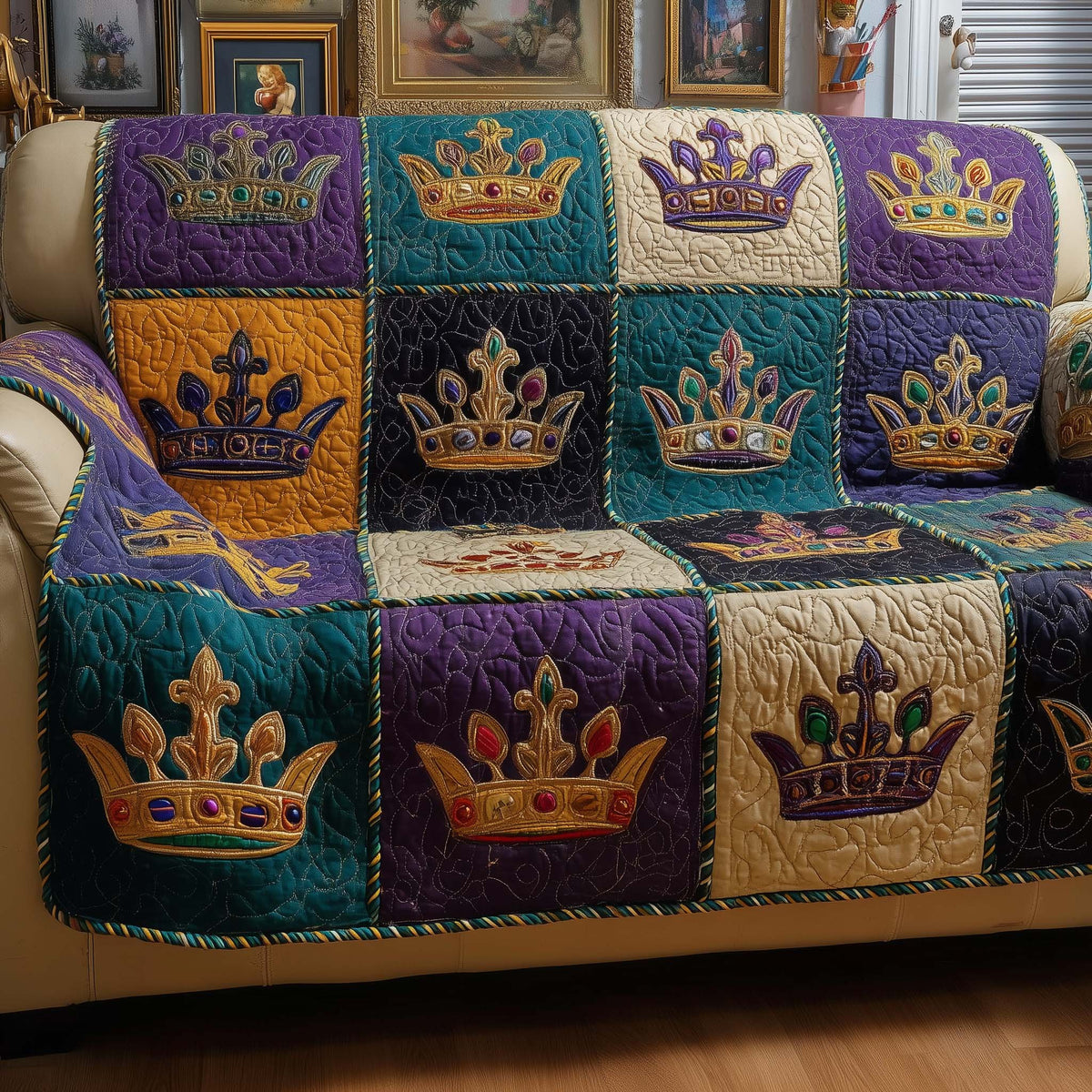 Golden Crowns in Jewel Blocks Sofa Cover
