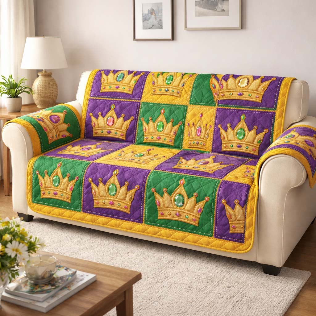 Crowns on Purple and Green Checks Sofa Cover