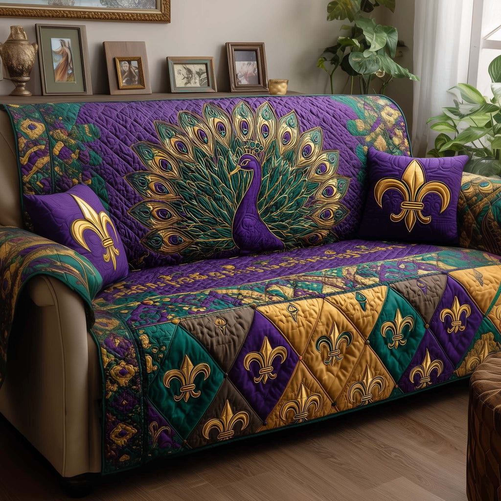 Peacock Among Fleur de Lis Diamonds Sofa Cover