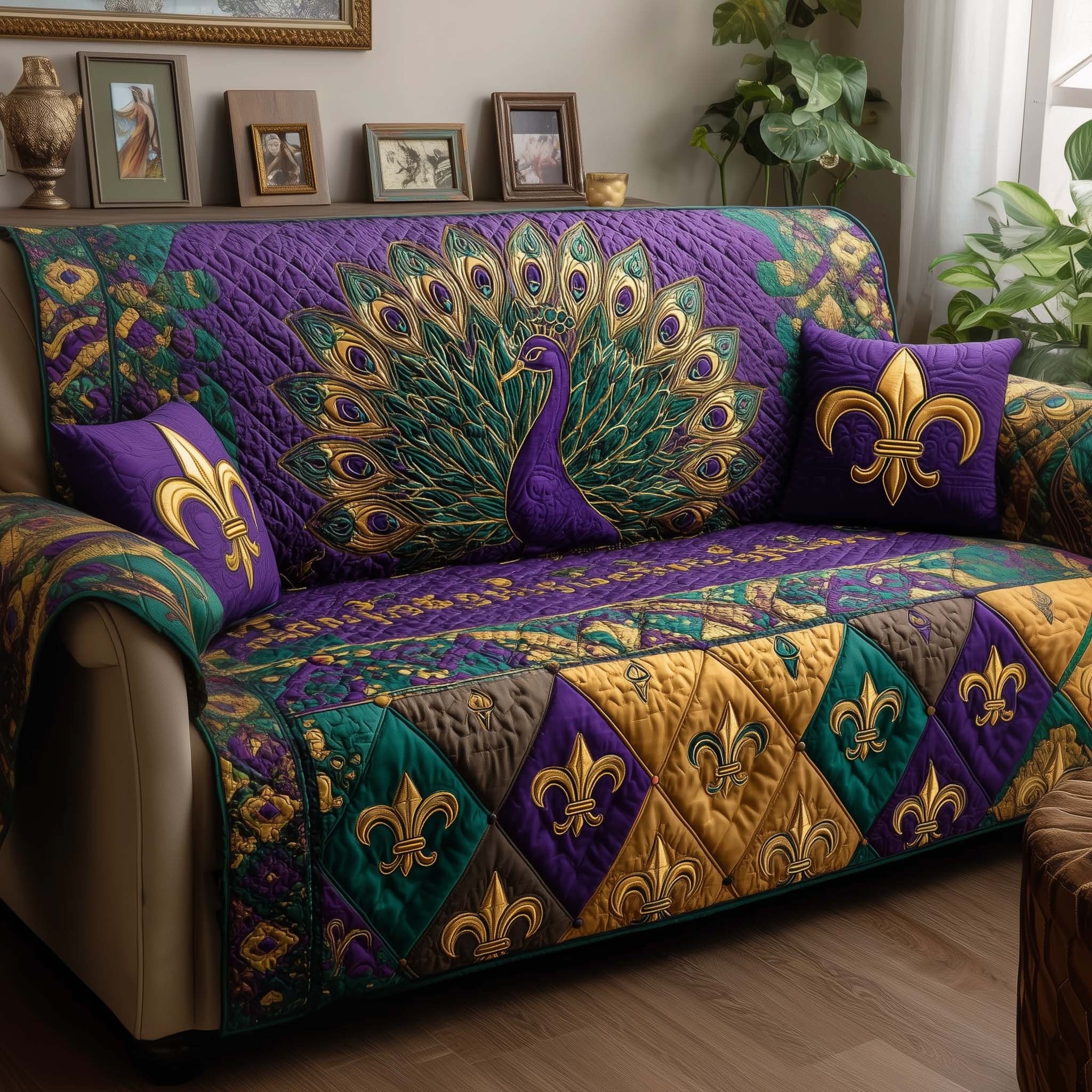 Peacock Among Fleur de Lis Diamonds Sofa Cover