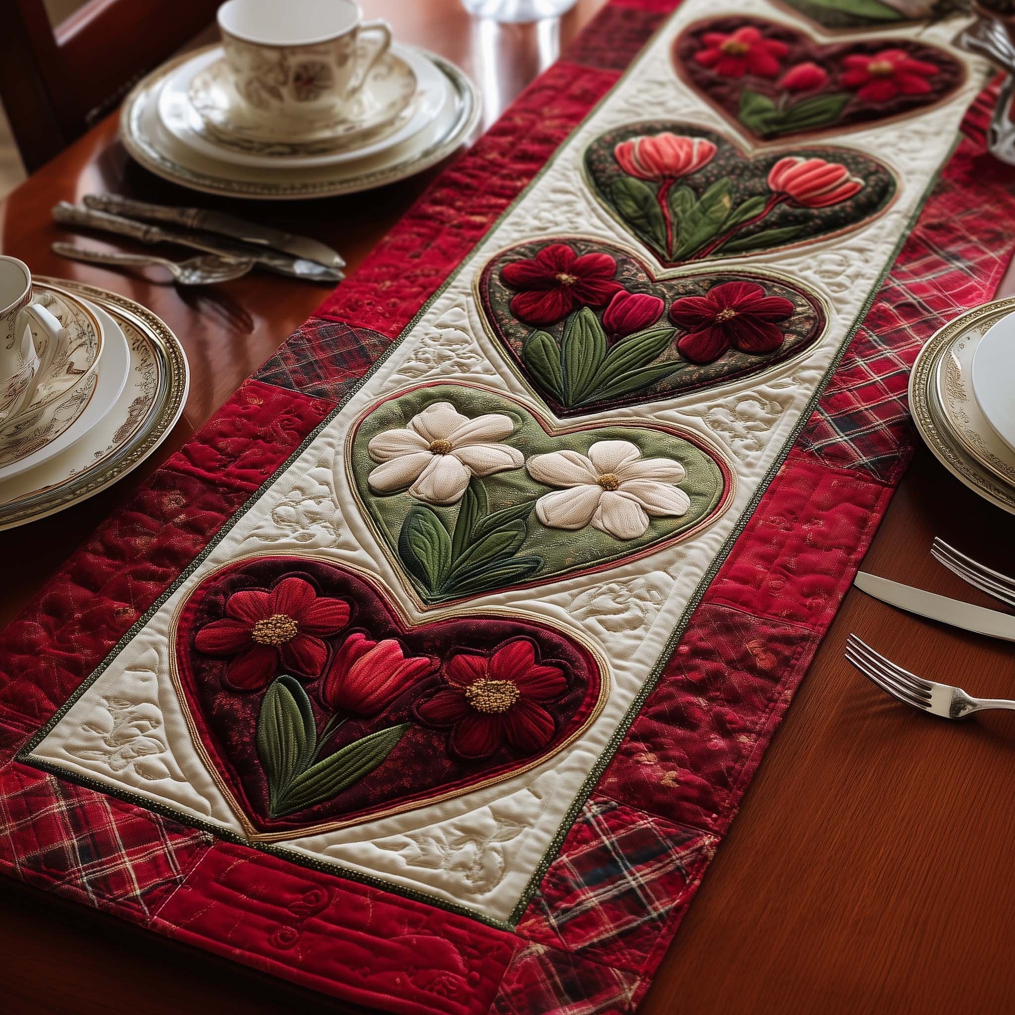 Hearts with White Flowers on Red Table Runner