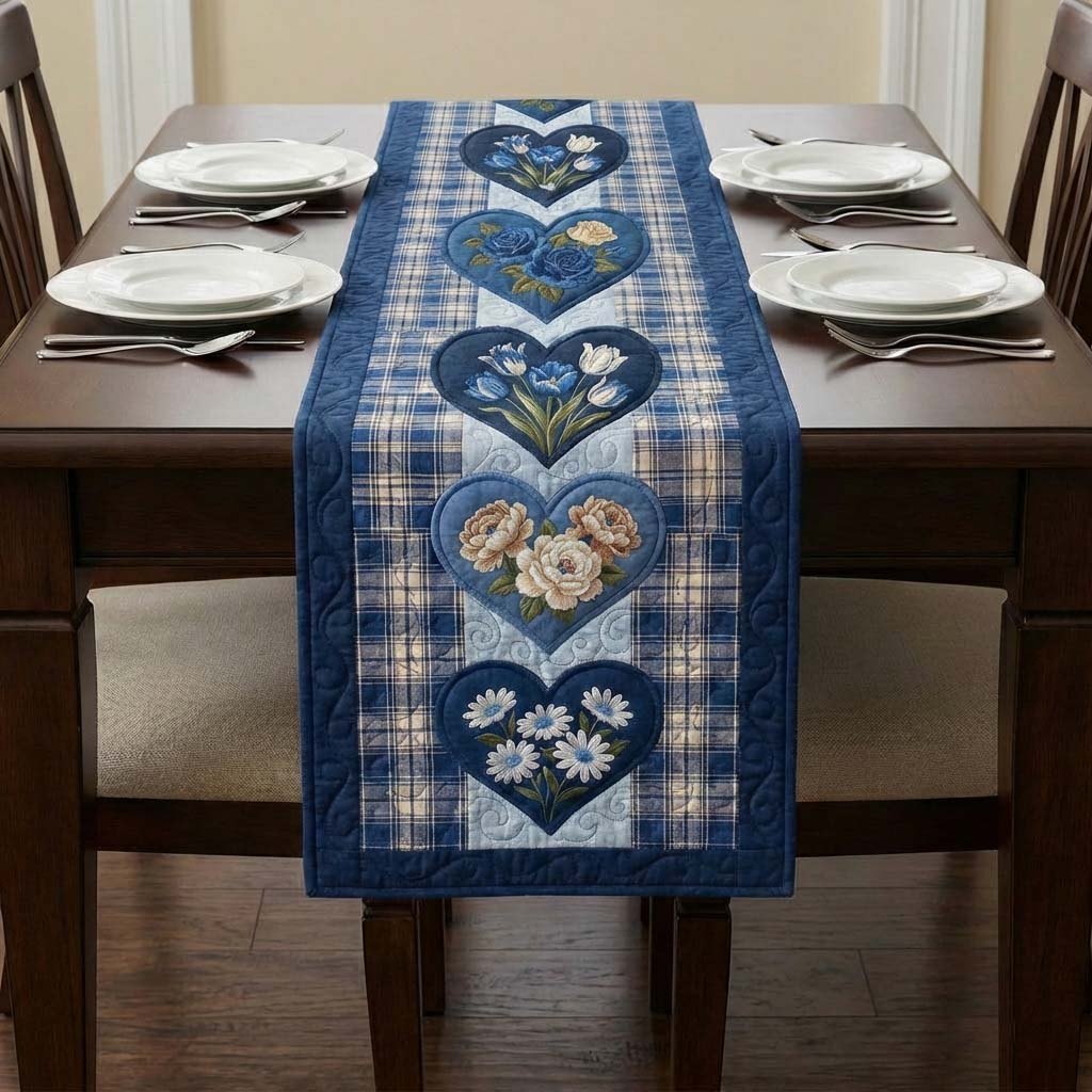 Blue Hearts on Blue Plaid Table Runner