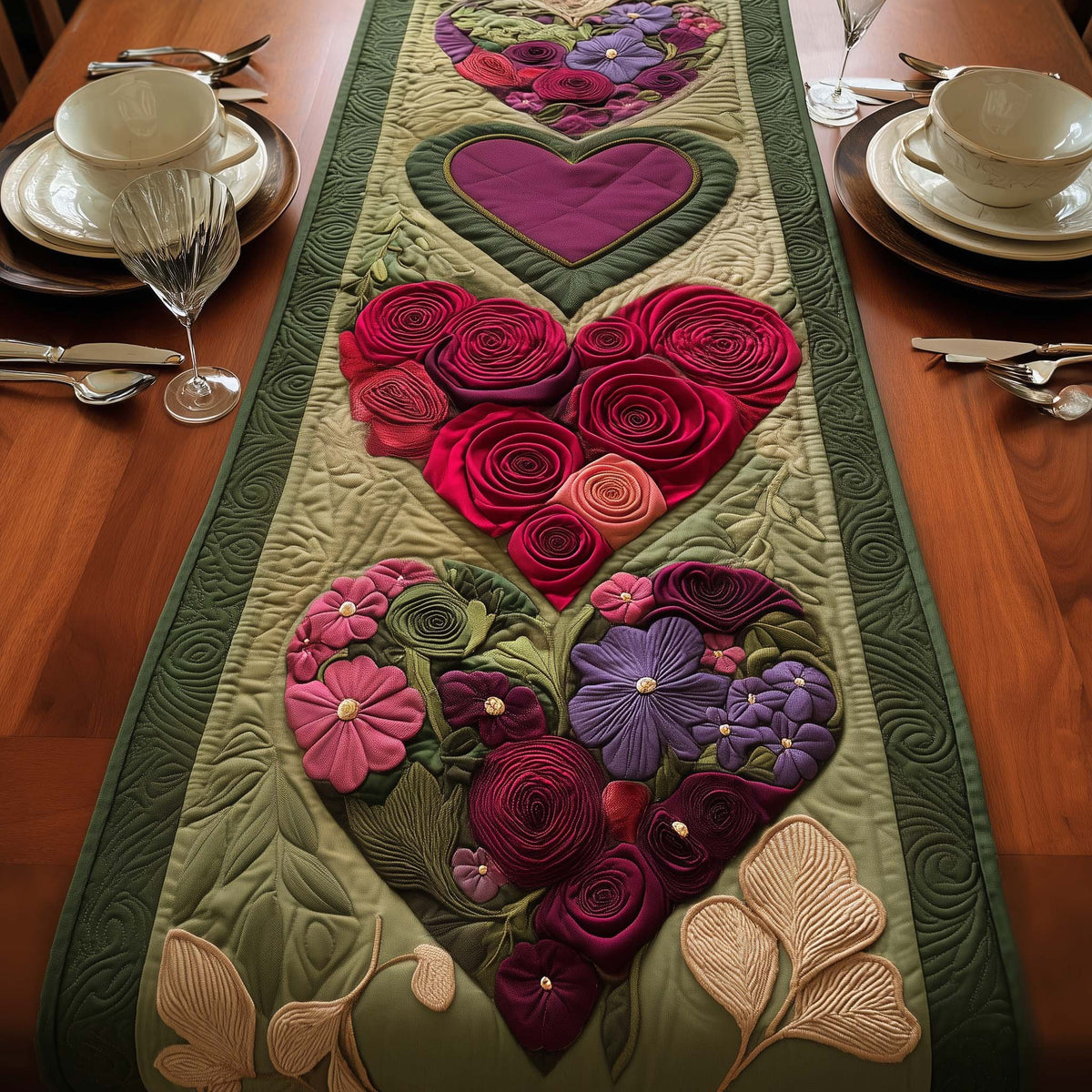 Rose Heart on Green Panel Table Runner