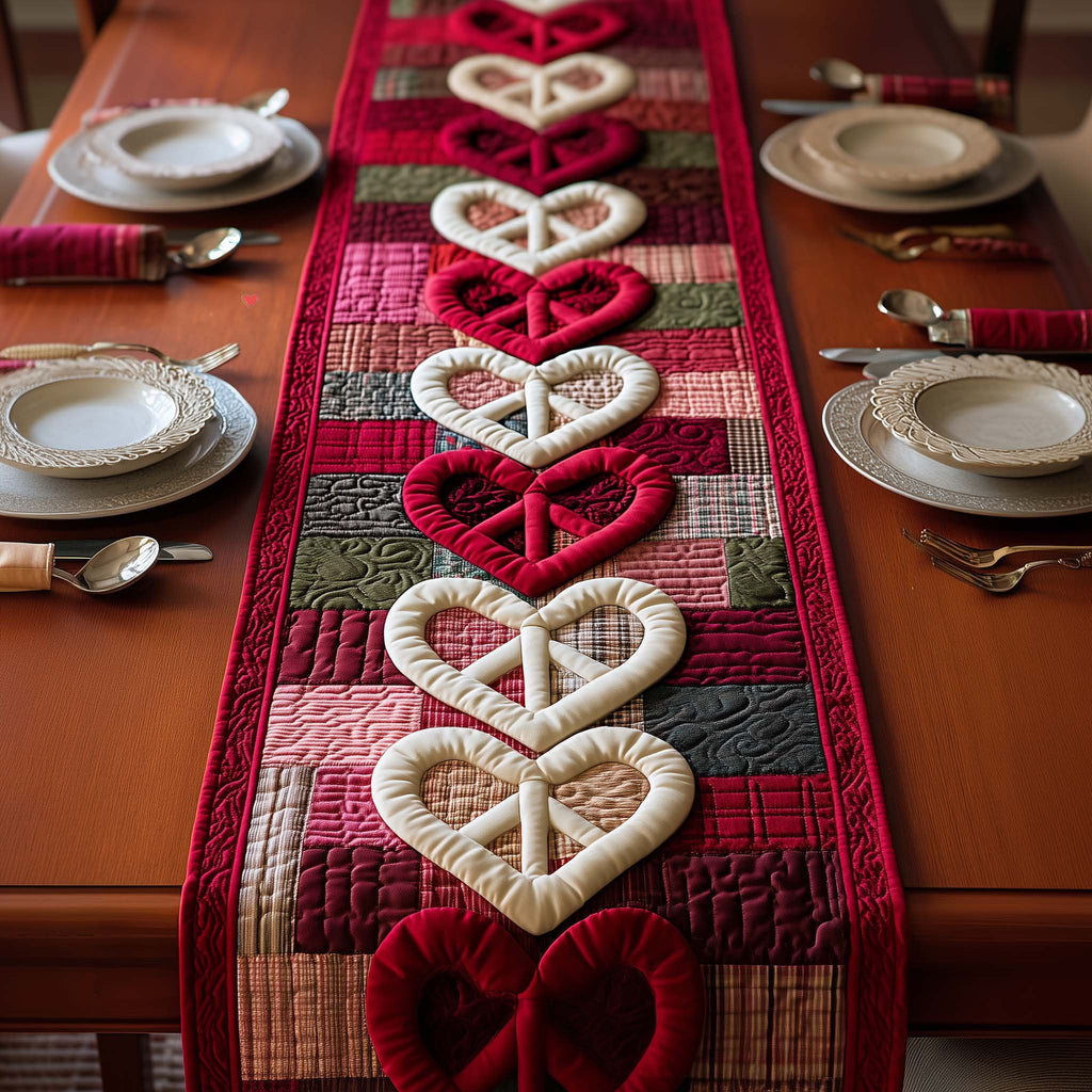 Interlocking White Hearts on Red Plaid Table Runner