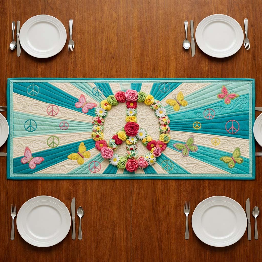 Floral Peace Sign with Butterflies Table Runner