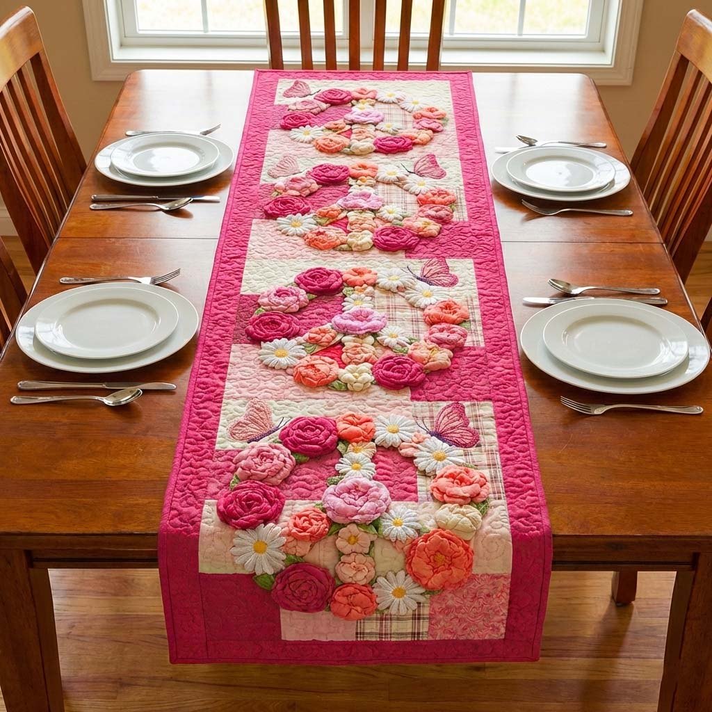 Pink Roses on Rose Stripes Table Runner