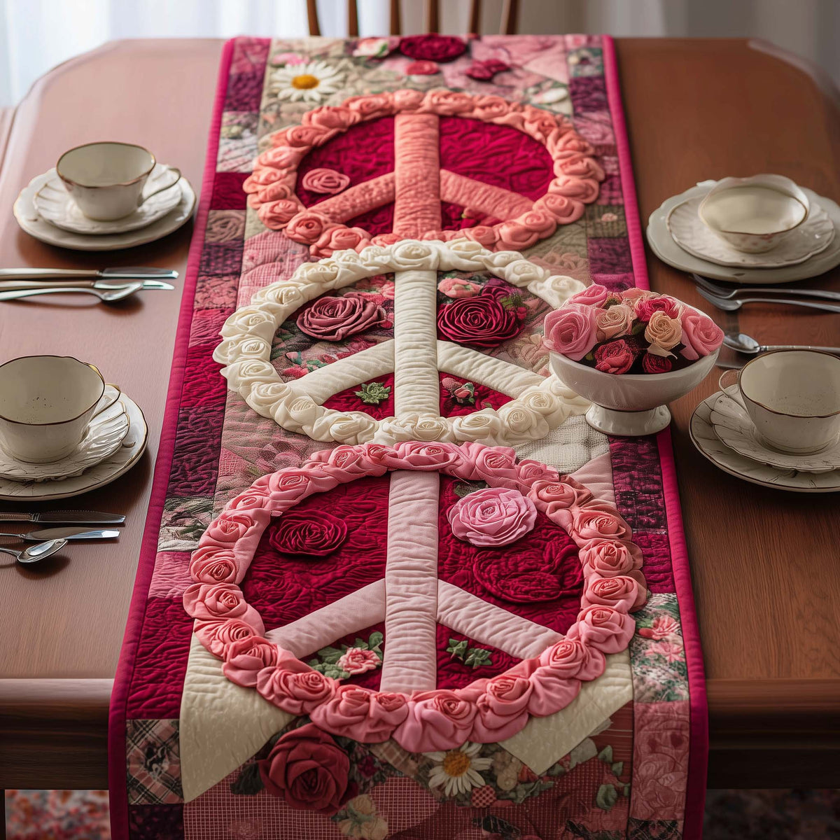 Pink Rose Peace Symbols Table Runner