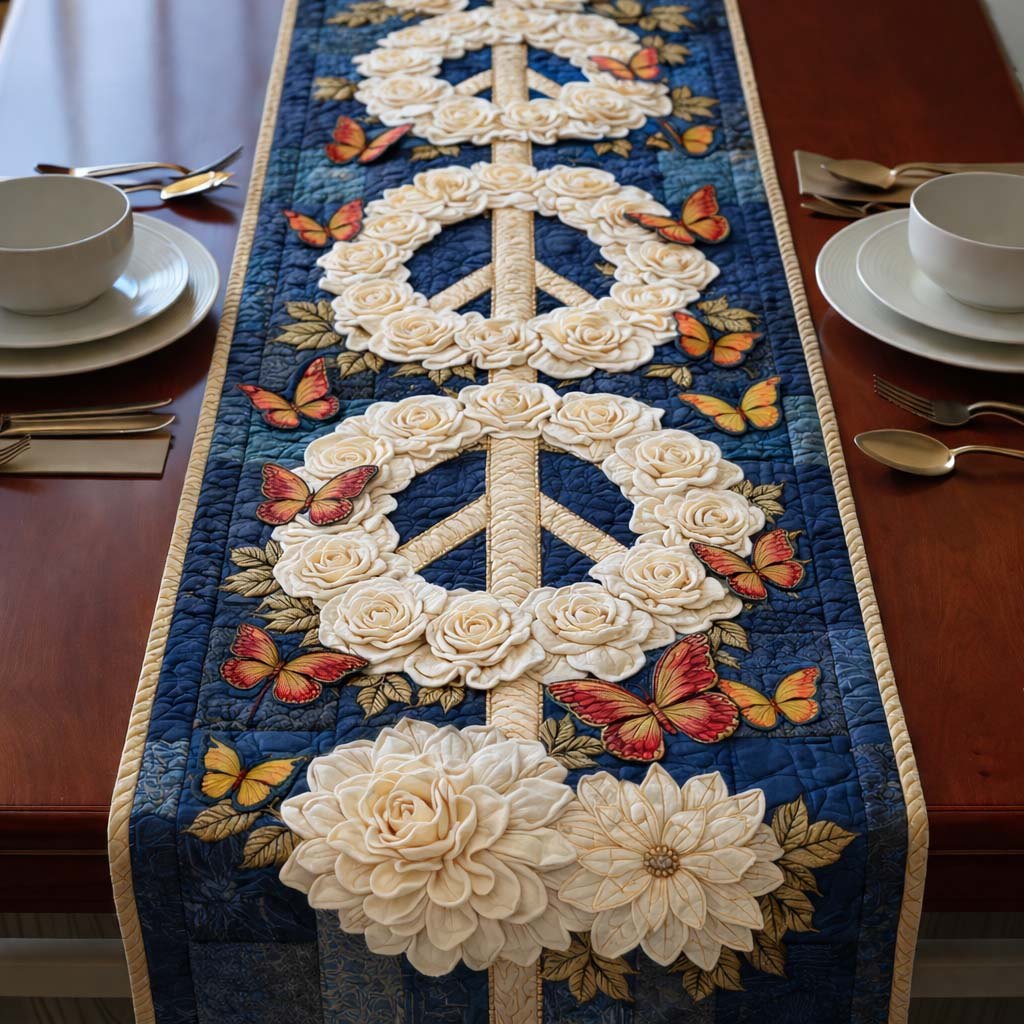 White Blossom Peace Signs on Navy Table Runner