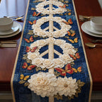 White Blossom Peace Signs on Navy Table Runner