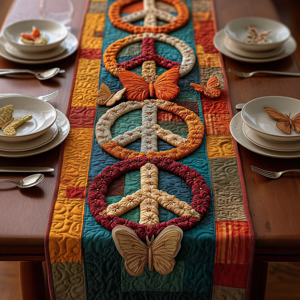 Peace Symbols with Orange Butterflies Table Runner
