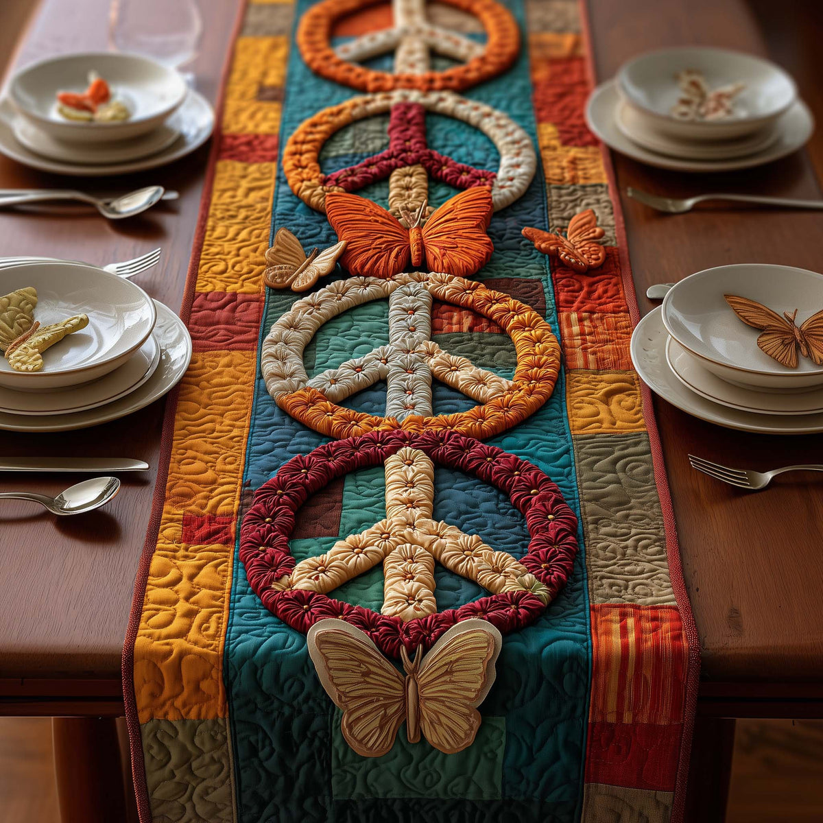 Peace Symbols with Orange Butterflies Table Runner
