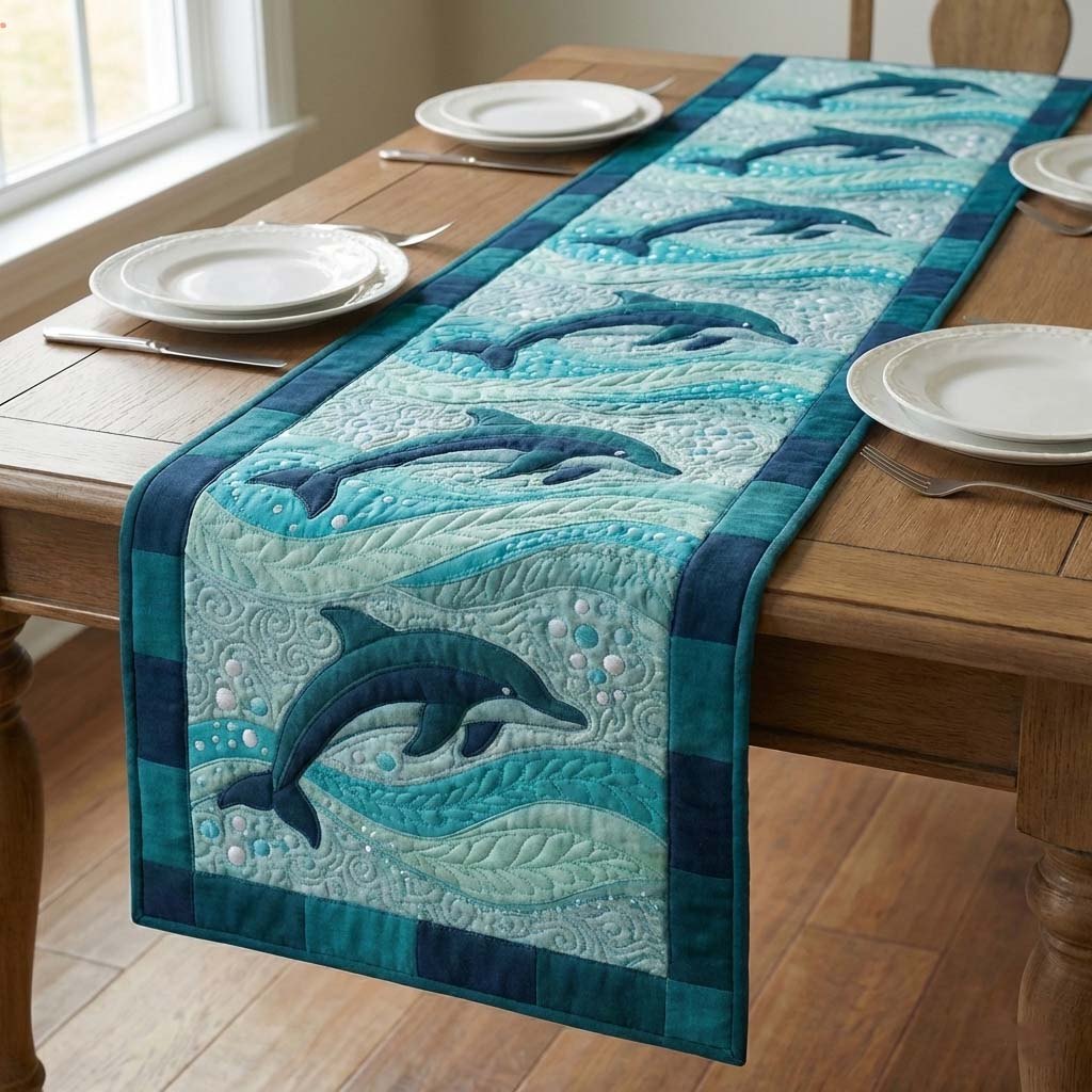 Dolphins in Pale Teal Waves Table Runner