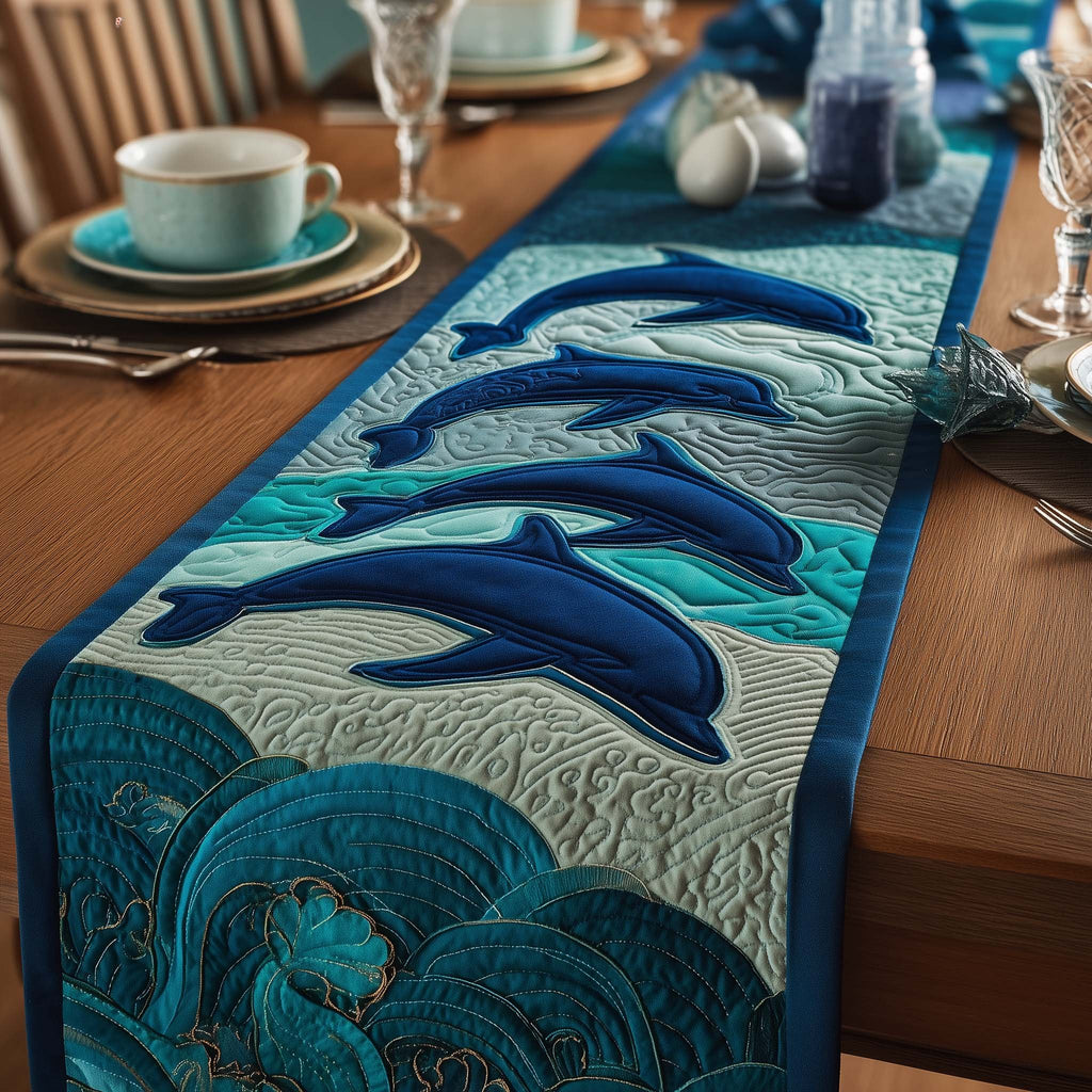Dolphins Leaping over Teal Water Table Runner