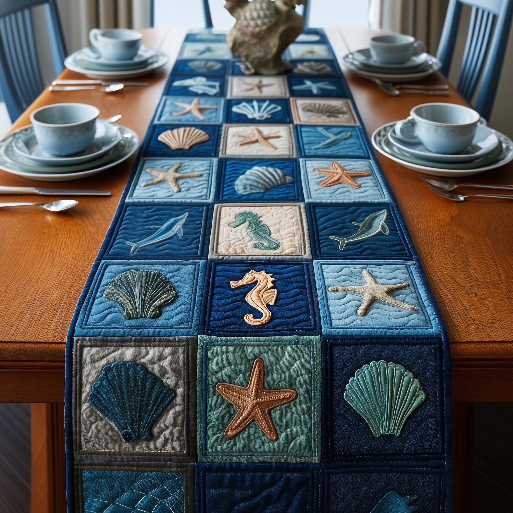 Sea Life Squares on Navy Table Runner