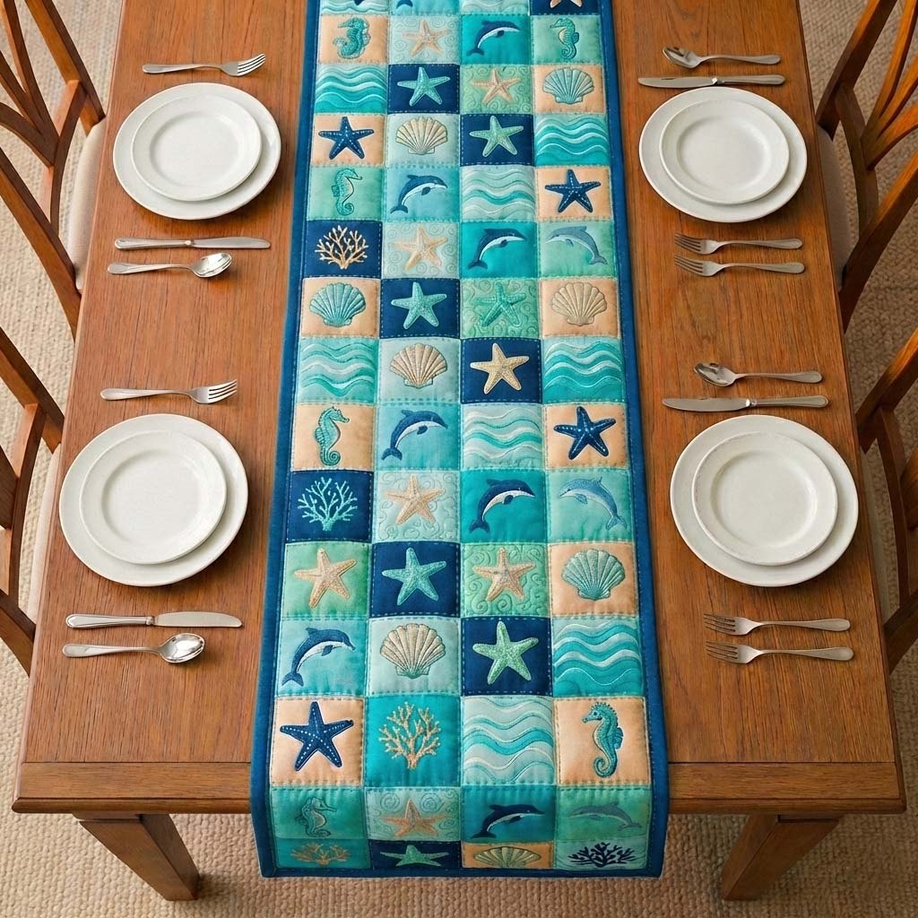 Aqua Squares with Starfish and Dolphin Table Runner