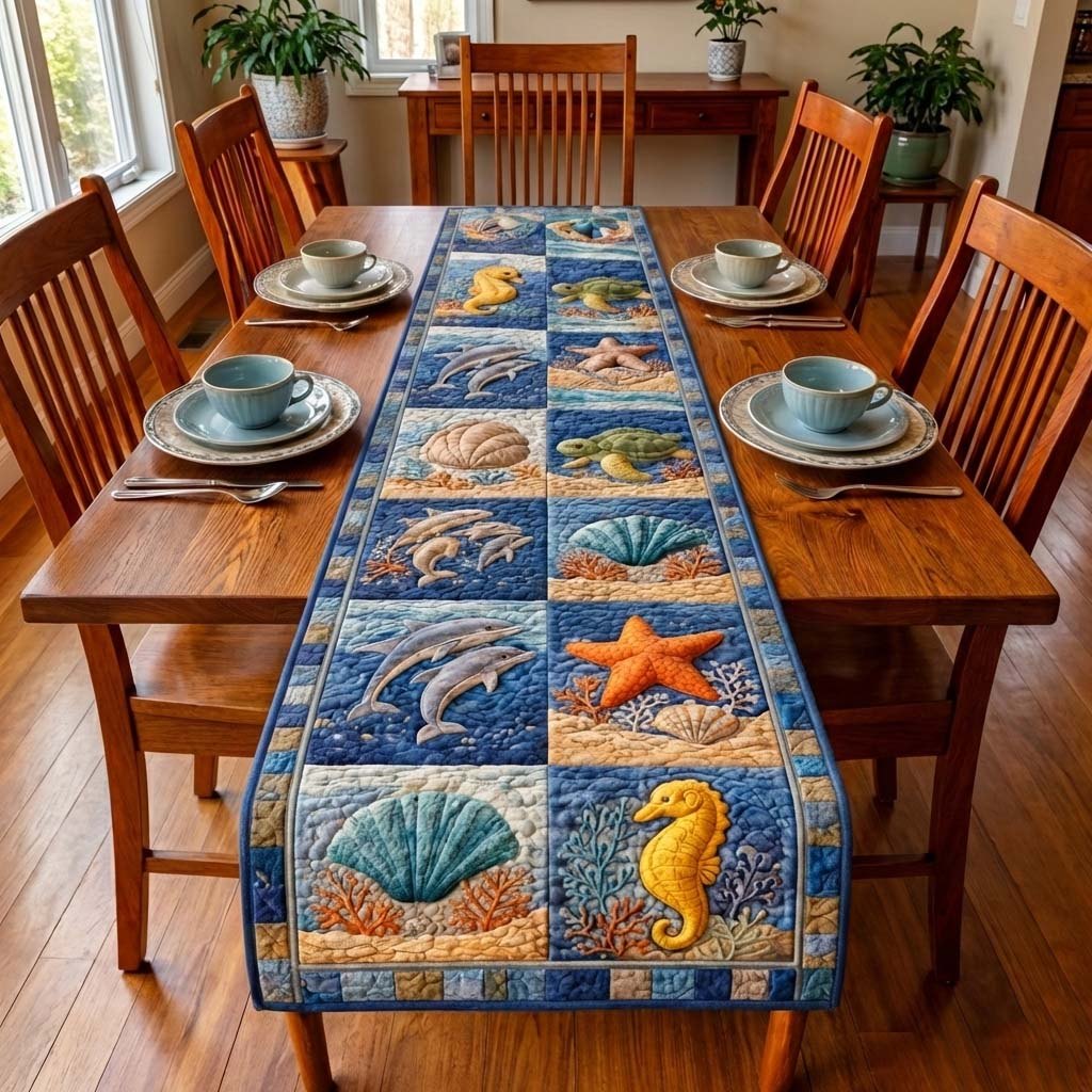Blue Blocks with Dolphin and Seahorse Table Runner