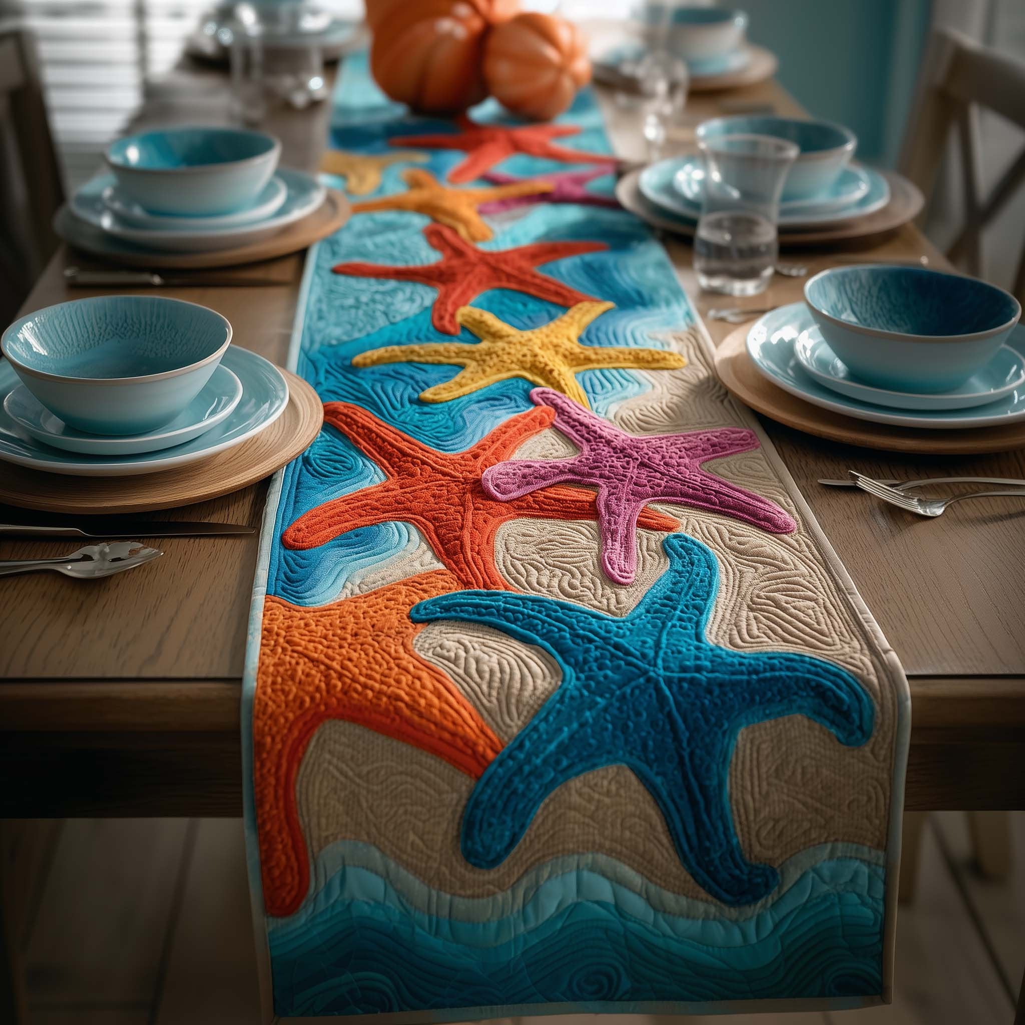 Bright Starfish on Teal Water Table Runner