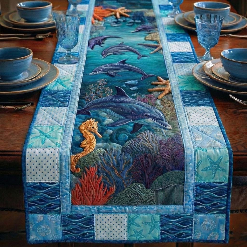 Underwater Dolphins with Coral Reef Table Runner
