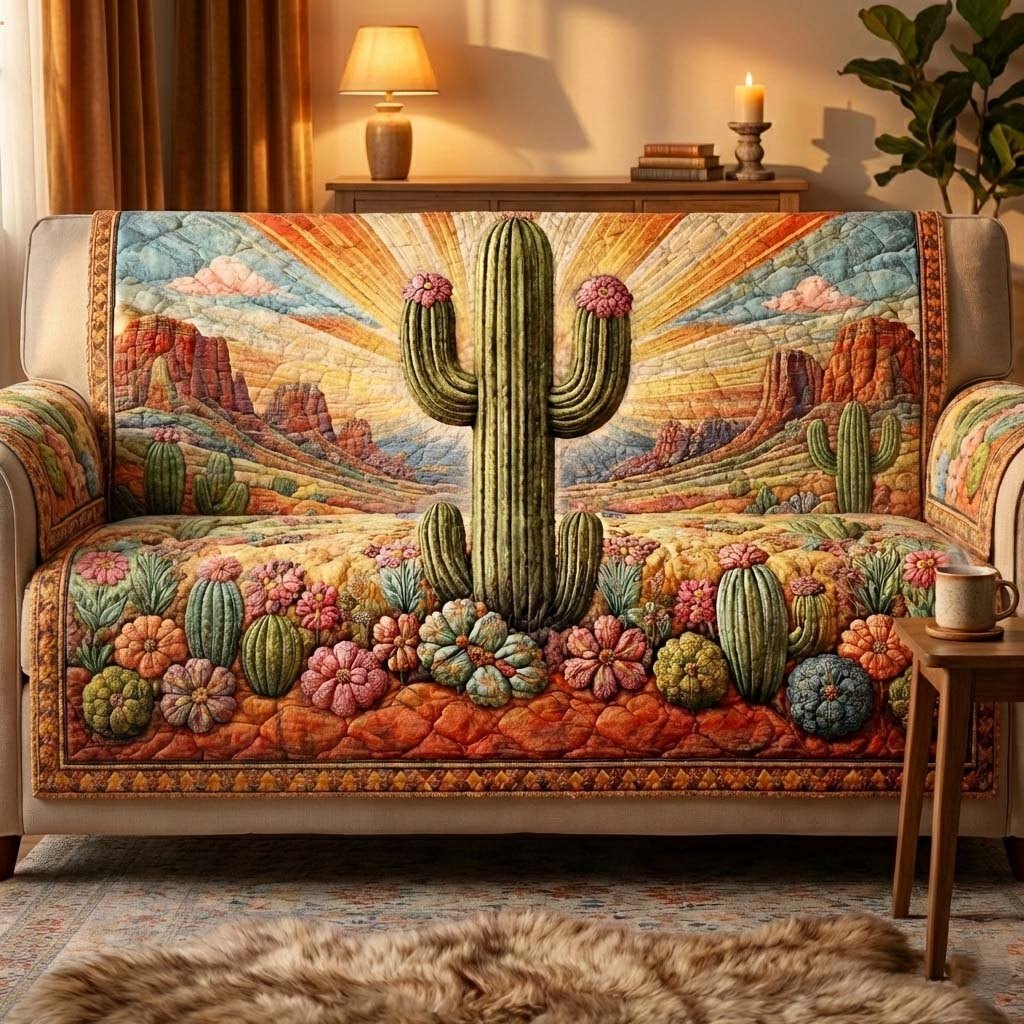 Saguaro Cactus with Desert Flowers Sofa Cover