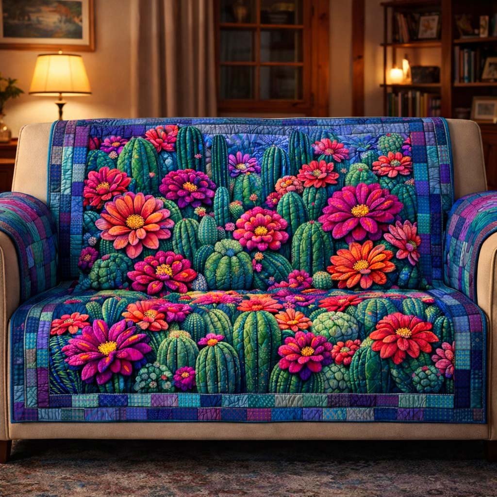 Cactus and Pink Blooms on Blue Sofa Cover