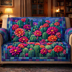 Cactus and Pink Blooms on Blue Sofa Cover